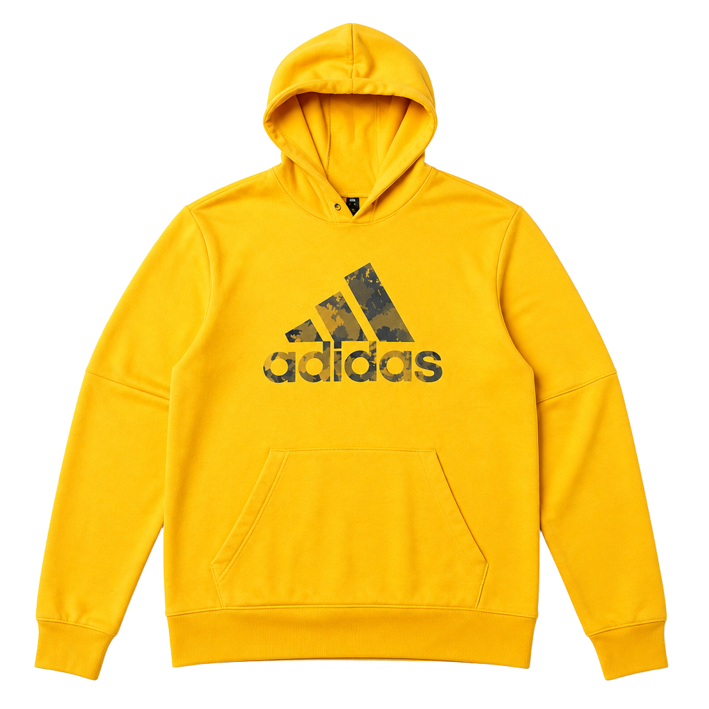 adidas Badge of Sport Pullover Hoodie Size S Yellow Camo Logo 1