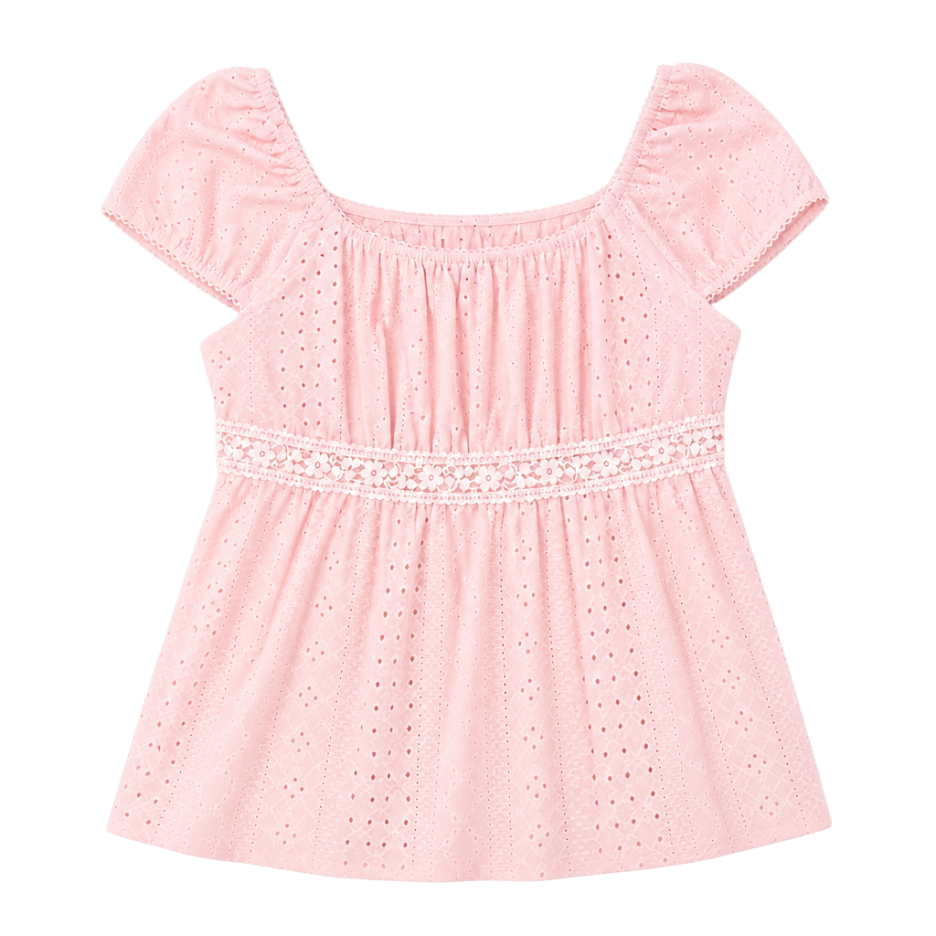 SHEIN Pink Eyelet Puff Sleeve Babydoll Peplum Top 1