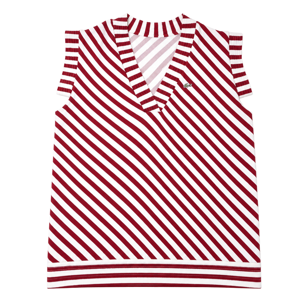 Lacoste Red and White Diagonal Striped V-Neck Cap Sleeve Top Size 46 1