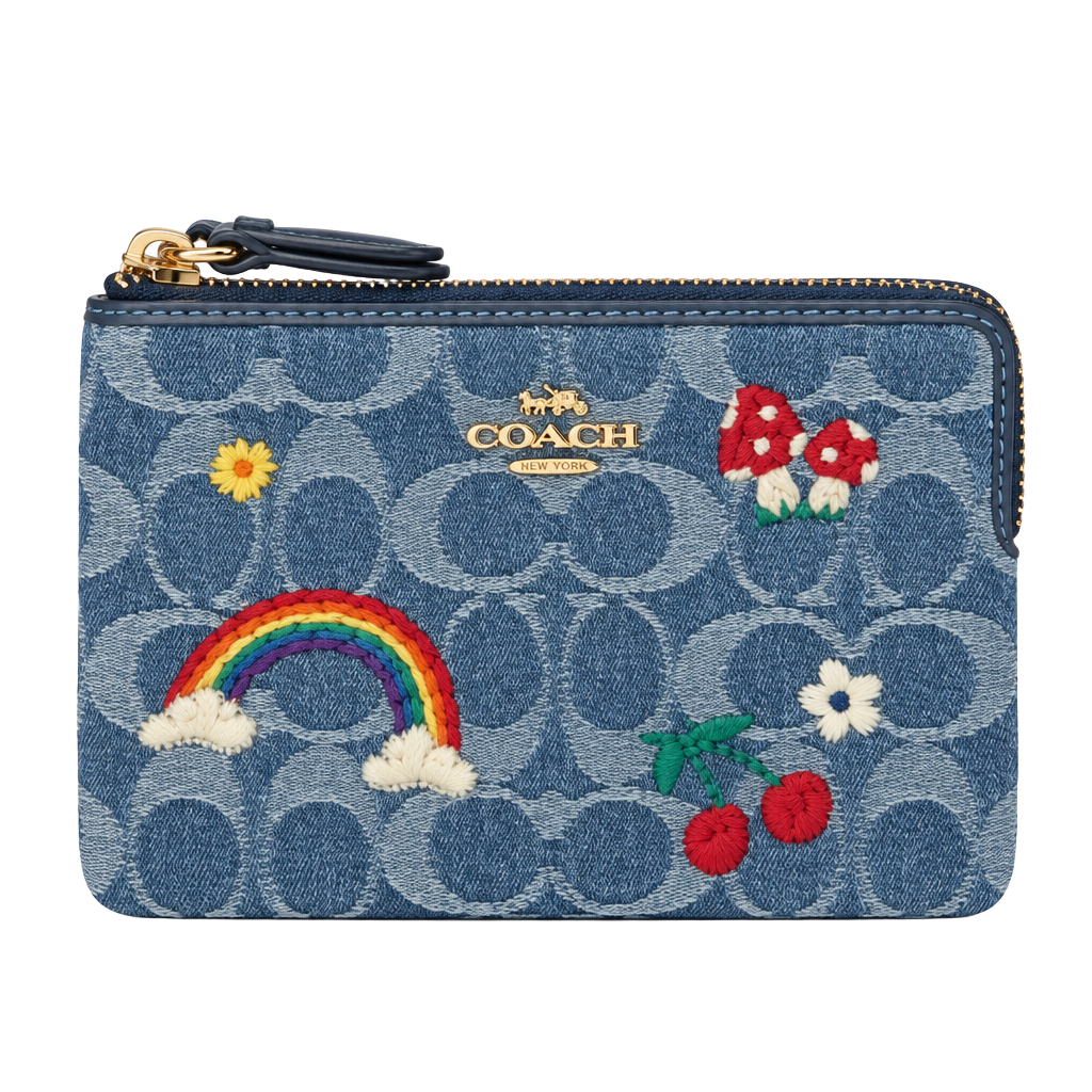Coach Signature Denim Embroidered Rainbow Mushroom Corner Zip Wristlet 1