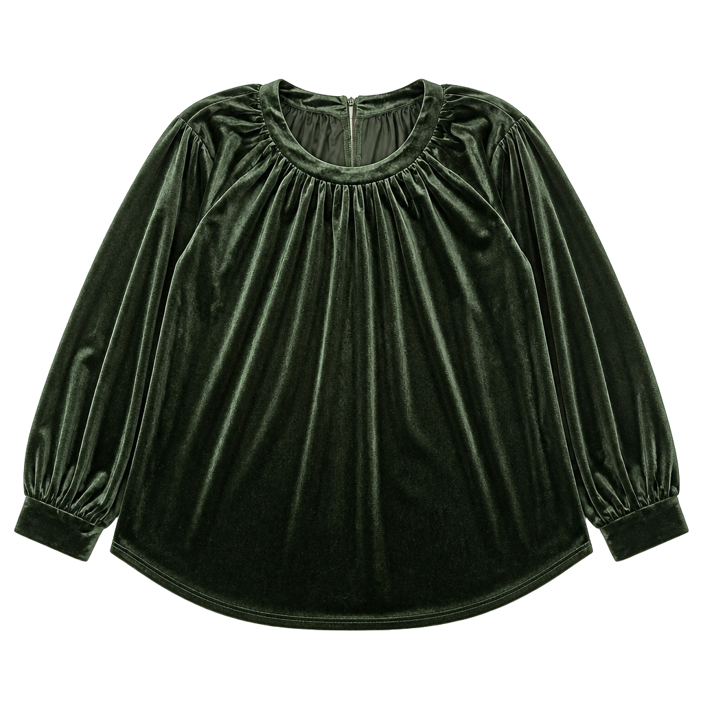 Womens emerald Dark Green Velvet Long Sleeve Ruched Crewneck Tunic Blouse Shirt 1