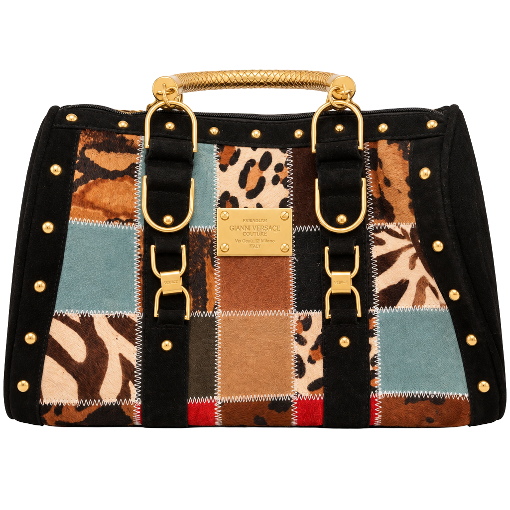 Gianni Versace Patchwork Suede Handbag with Gold Hardware 1