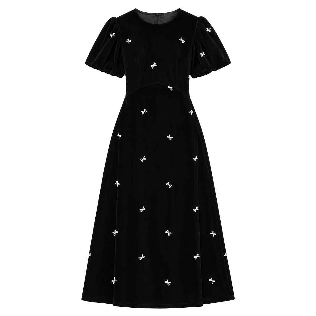 NWT Velvet puff-sleeve midi dress bow size 18 1