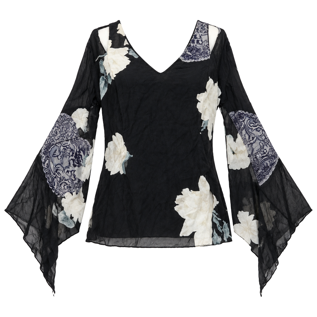 Floral Silk Chiffon V-Neck Flare Sleeve Top Black White 1