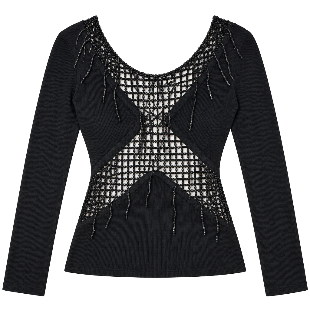 Italian Beaded Top Black Long Sleeve Vintage 1