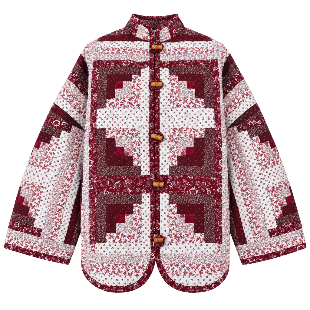 Vintage Reversible Quilted Log Cabin Jacket Red White Floral 1