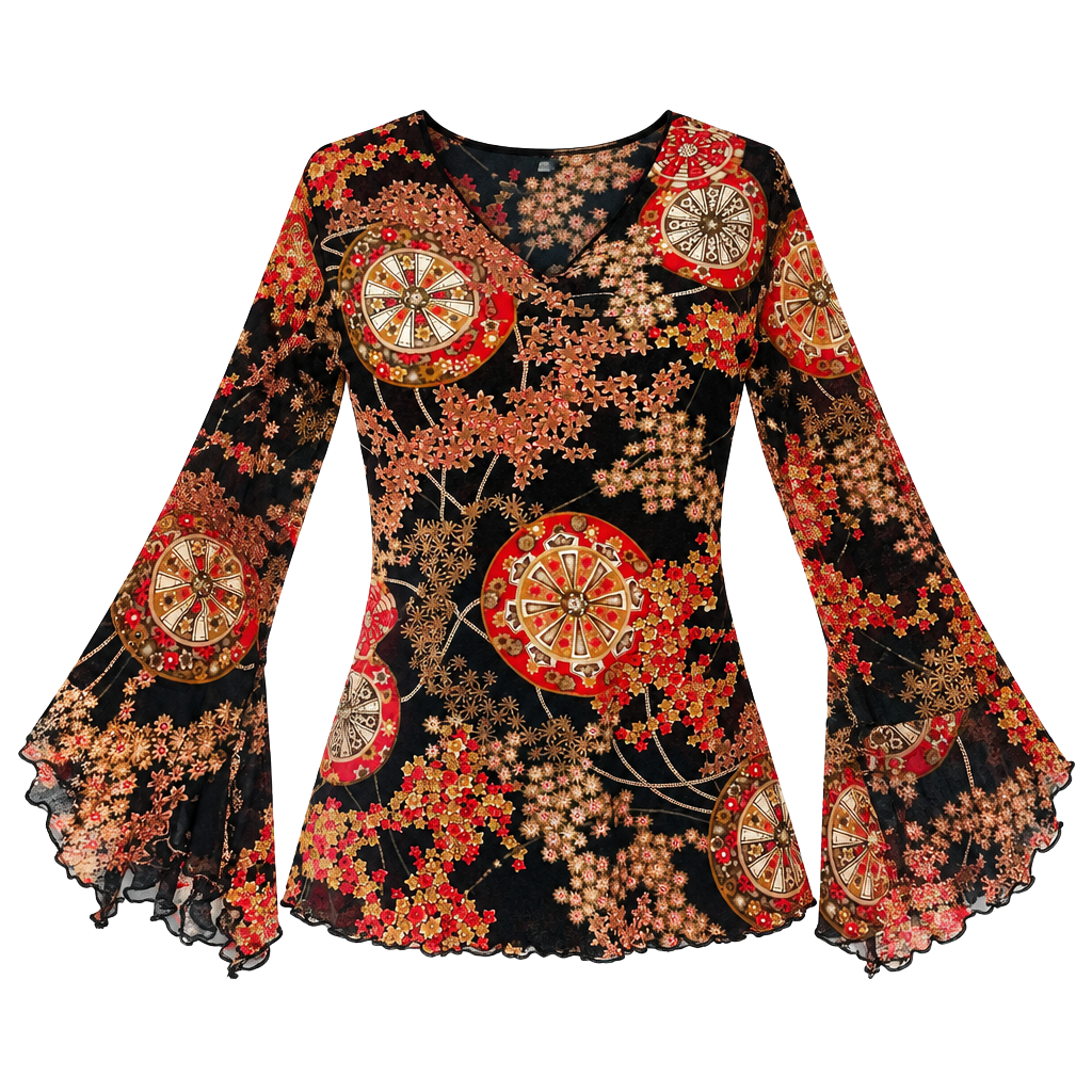 Vintage Y2K Floral Bell Sleeve Top Black Red 1