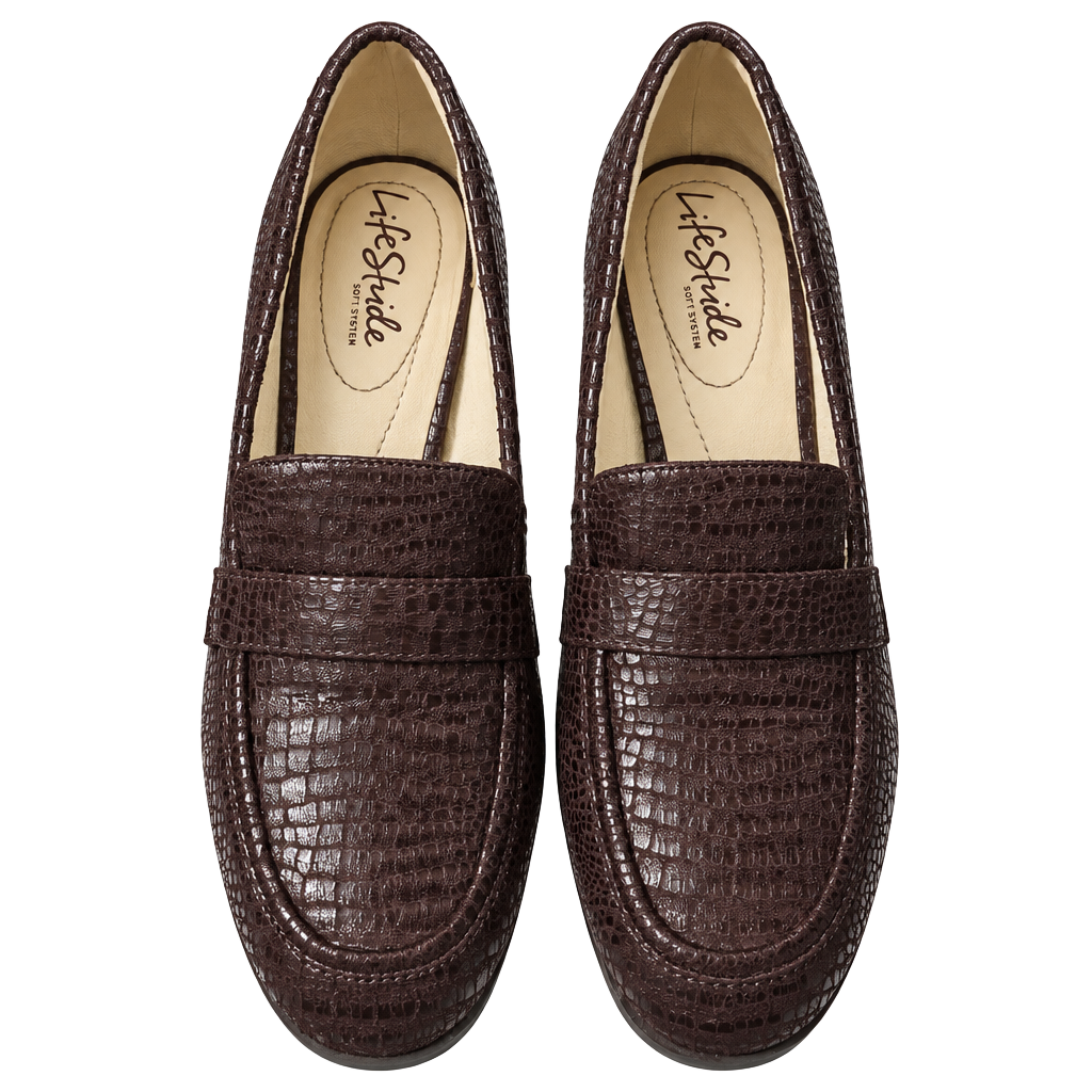 LifeStride Farrah Block Heel Loafer Chocolate Croco Brown 1