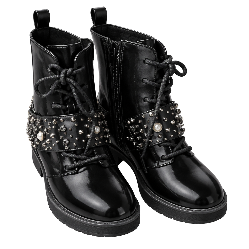 Jessica Simpson Combat Boots Size 8.5 Black Patent Studded Chain 1