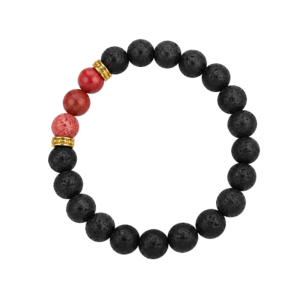 Black Lava Rock and Red Beaded Bracelet Black Red Gold 1