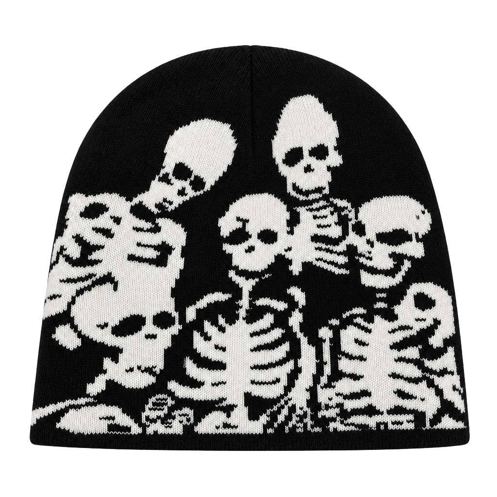 Unisex Y2K Skeleton Party Knitted Beanie Hat Black and White Gothic Grunge Skull Cap 1