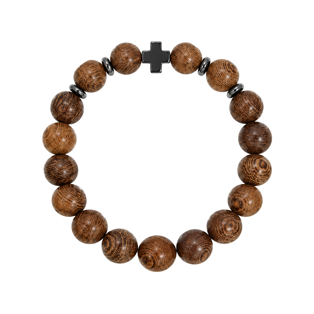 Natural Wood Bead Stretch Bracelet with Cross Charm 1