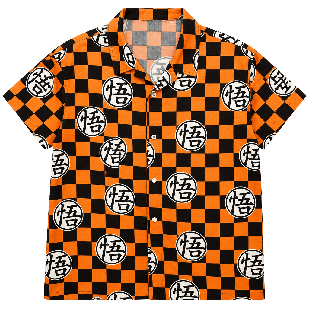 Dragon Ball Super Graphic Woven Resort Shirt Size XL Orange Black Checkered 1