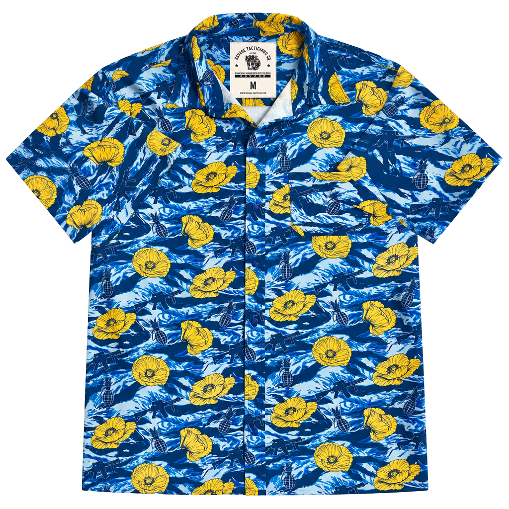 Savage Tacticians Tiger Stripe Blue Button-Up Size M Yellow Poppy Aloha Shirt 1