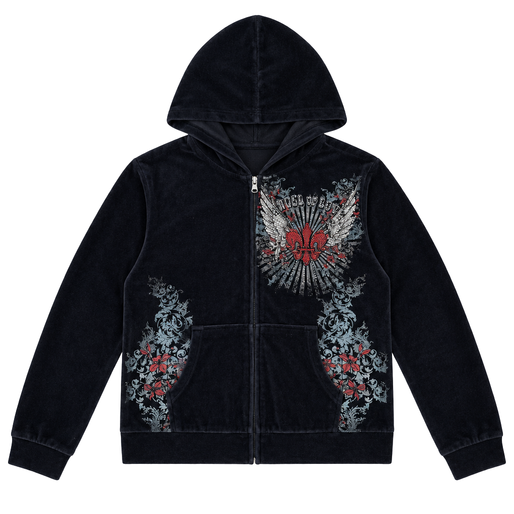 Bus Stop Rhinestone Velour Zip Up Hoodie Black Size Large 1
