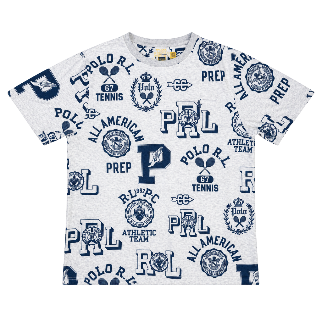 Polo Ralph Lauren All Over Print Graphic T-Shirt Grey Blue Youth XL 1