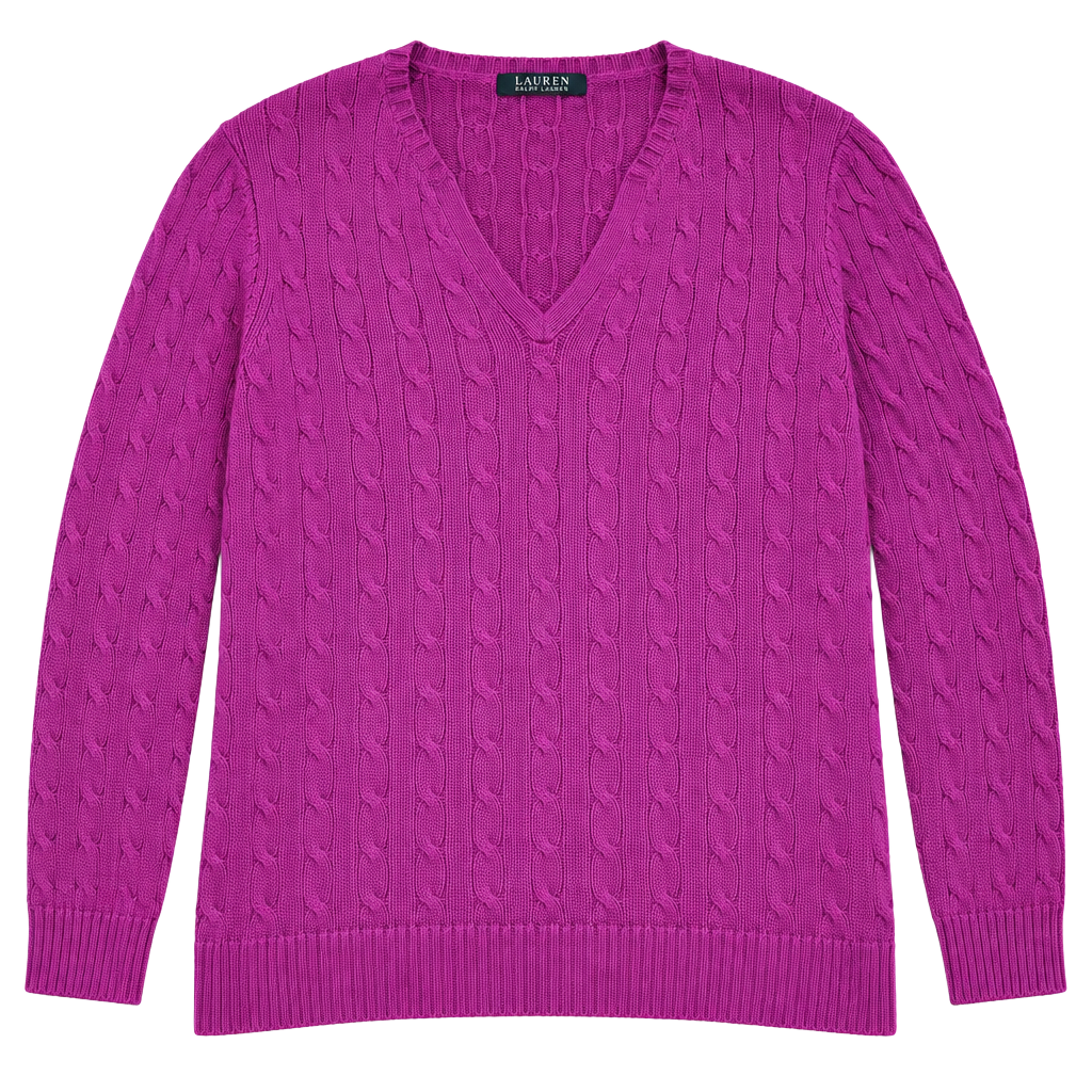 Lauren Ralph Lauren Women XL Pink Cable Knit V Neck 100% Cotton Sweater 1