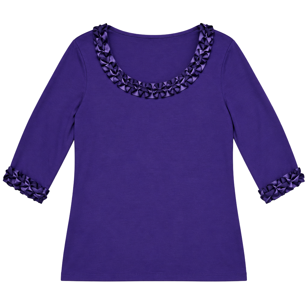 August Silk Women's XL Purple 3/4 Sleeve Top Satin Ruffle Rosette Trim Scoop Nec 1