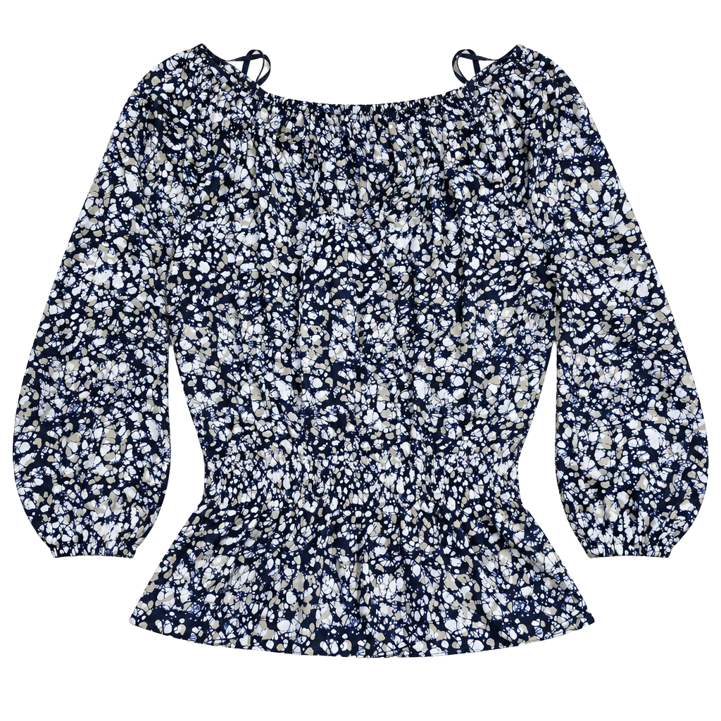 Michael Kors Women's Abstract Print Peplum Blouse Long Sleeve Navy Tan White 1