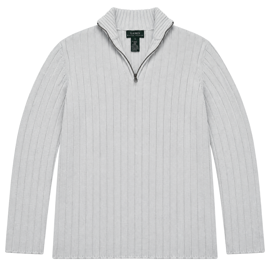 Lauren Ralph Lauren Women L White Ribbed Cotton 1/4 Zip Mock Neck Sweater 1