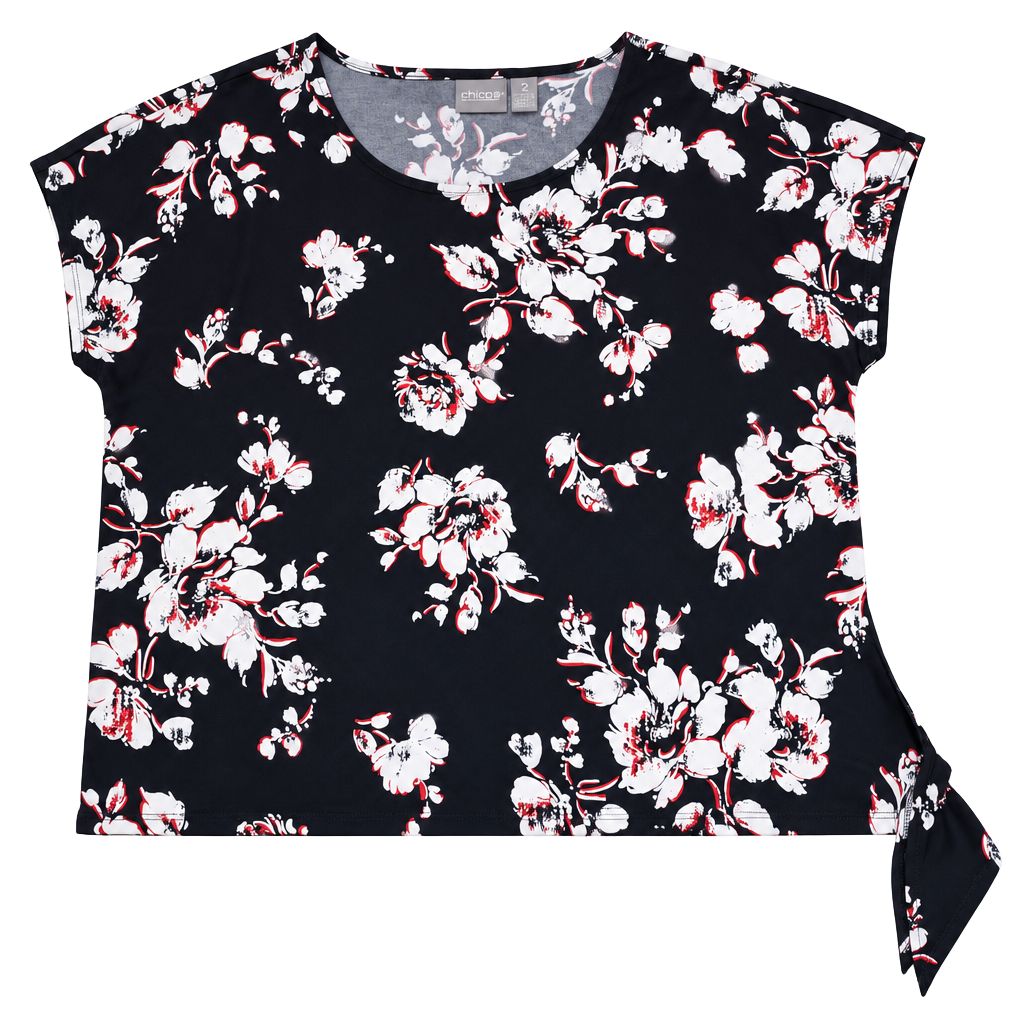 Chico's Women's Size 2 Black Floral Top White Red Asymmetrical Hem Short Sleeve 1