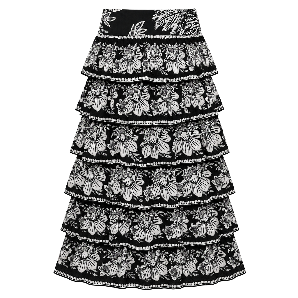 Farm Rio Ruffled Maxi Skirt Size M Black White Floral Tiered 1