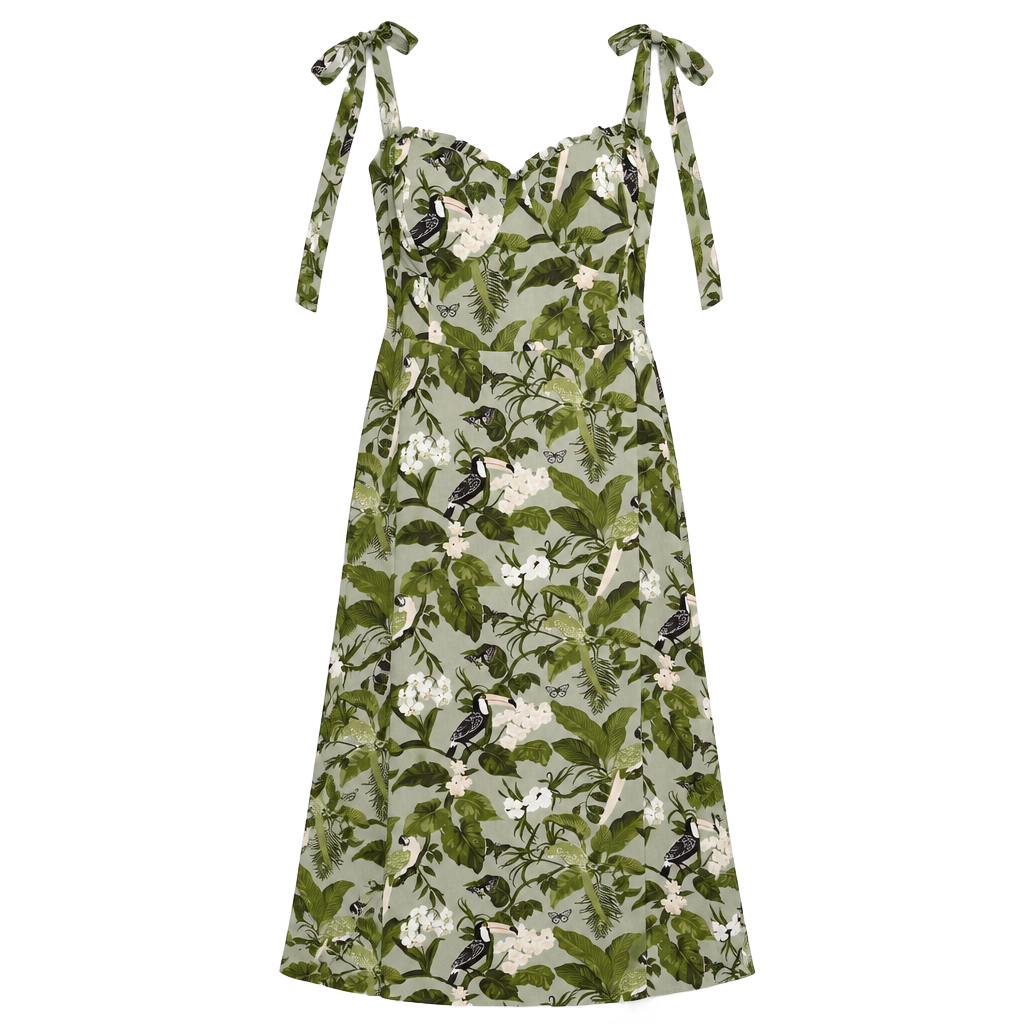 Reformation Nikita Dress Green Tropical Toucan Bird Print 1