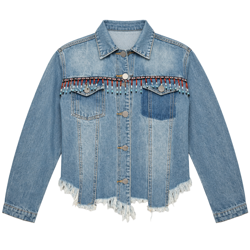 POL Beaded Fringe Denim Jacket Size M Blue Distressed Raw Hem 1