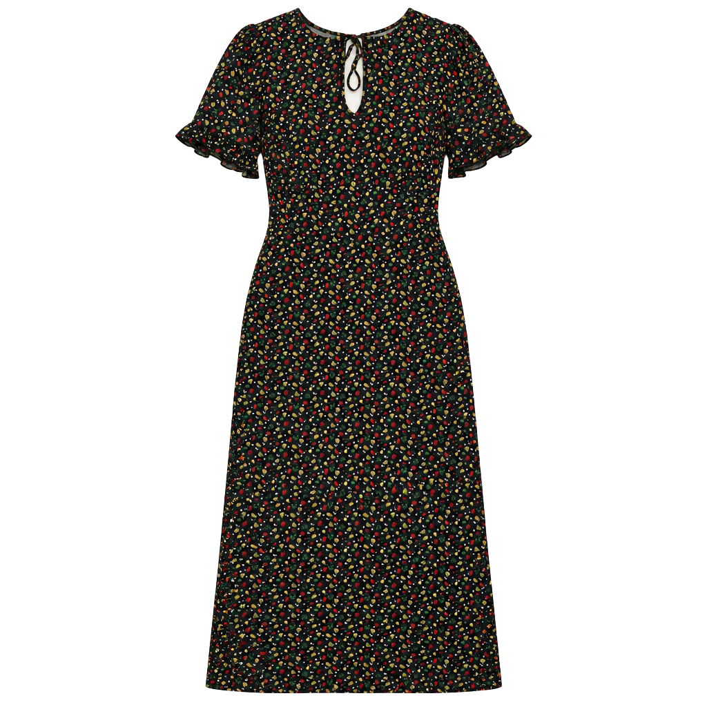 HVN 100% Silk Dawn Dress - Black Fruit Salad Print 1