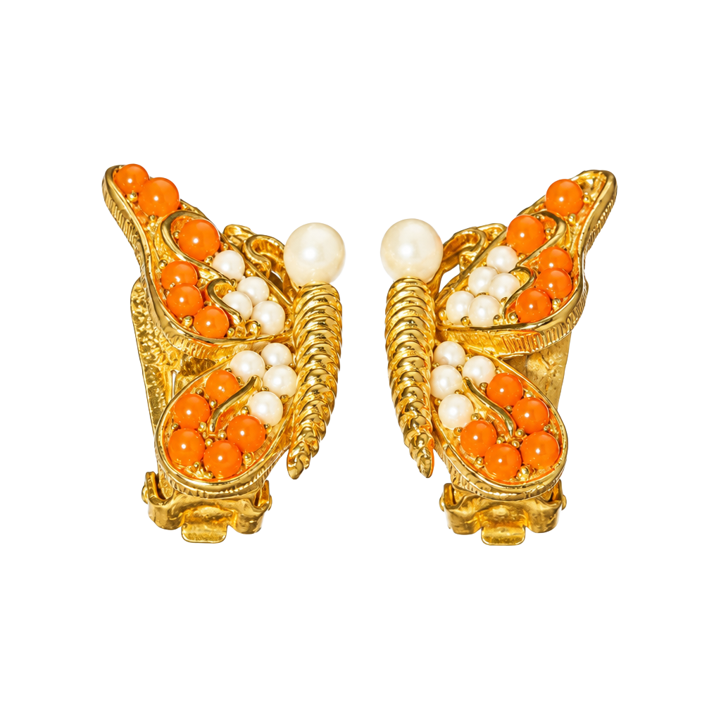 Marvella Gold Tone Faux Coral and Pearl Butterfly Clip Earrings 1