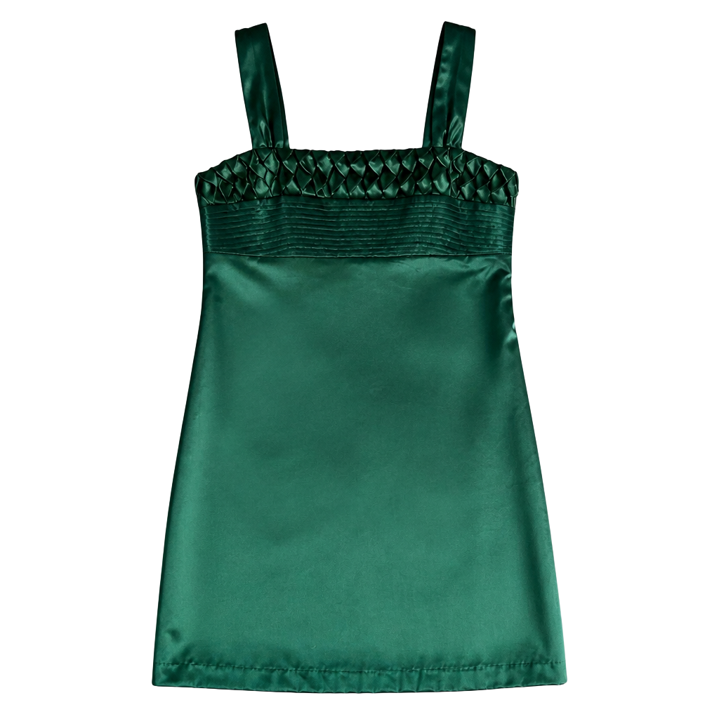 Single Dress Emerald Green Silk Satin Smocked Bodice Mini Dress Size S 1