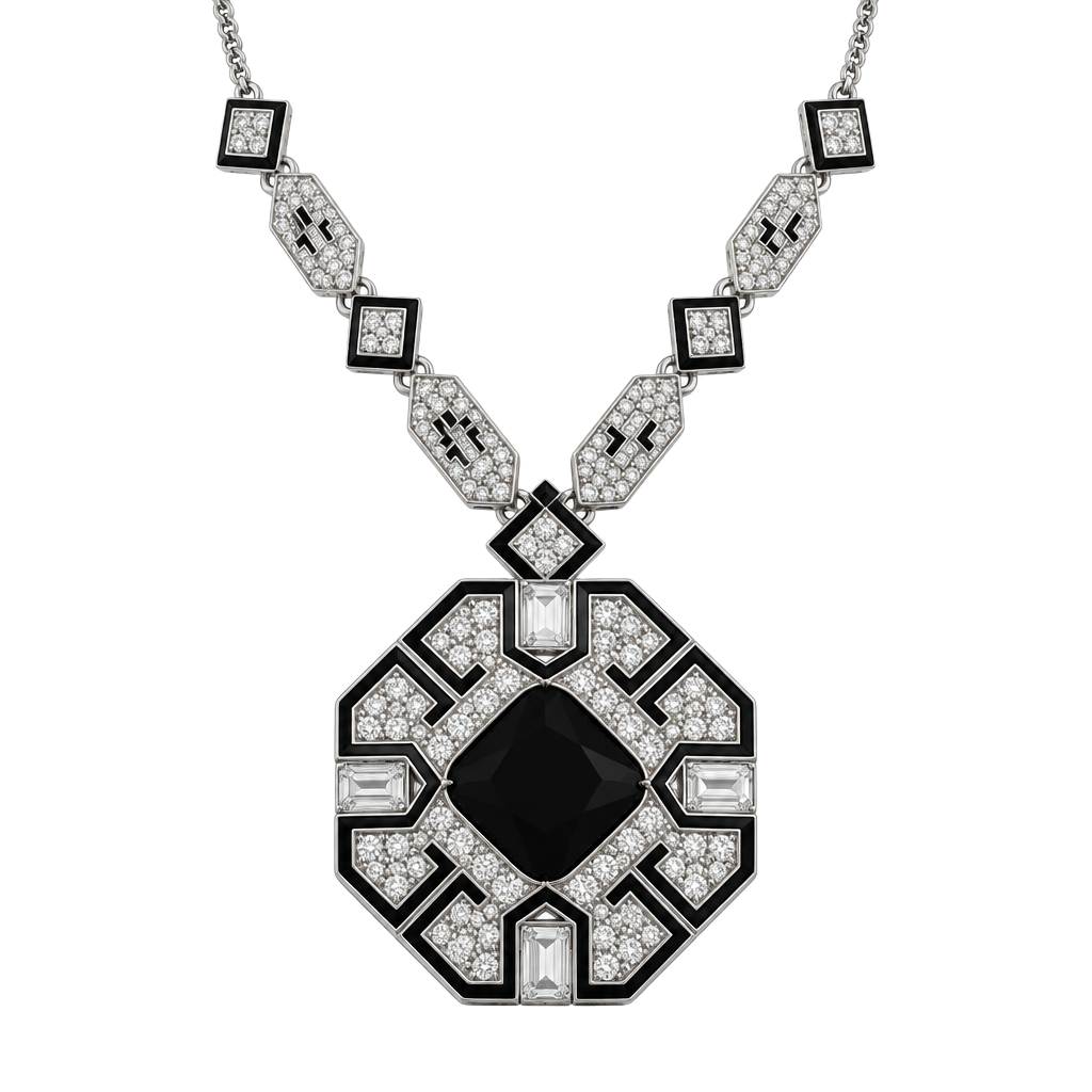 Vintage Art Deco Style Rhinestone And Dark Green Glass Pendant Necklace 1