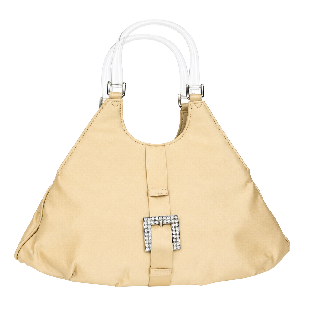Vintage Retro Yellow Satin Handle Bag Clear Handles Rhinestone Buckle 1