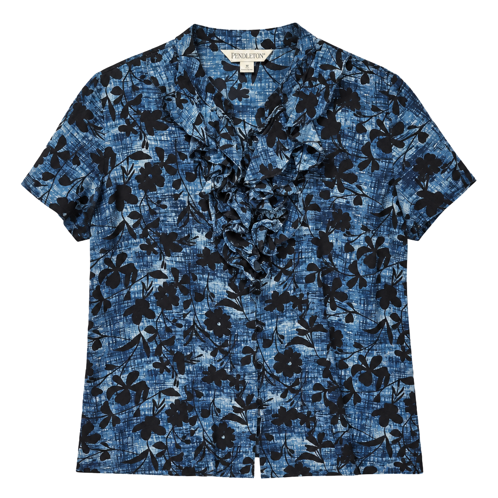 Vintage Pendleton Women's Size 14 Blue Floral 100% Silk Ruffle Front Short Sleeve Blouse 1