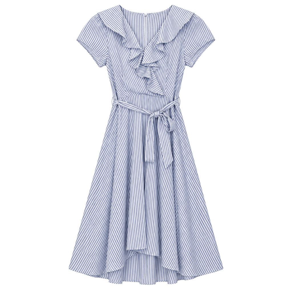 DN Design Blue and White Nautical Striped Ruffle Neck A-Line Midi Dress with Sash, size 6 1