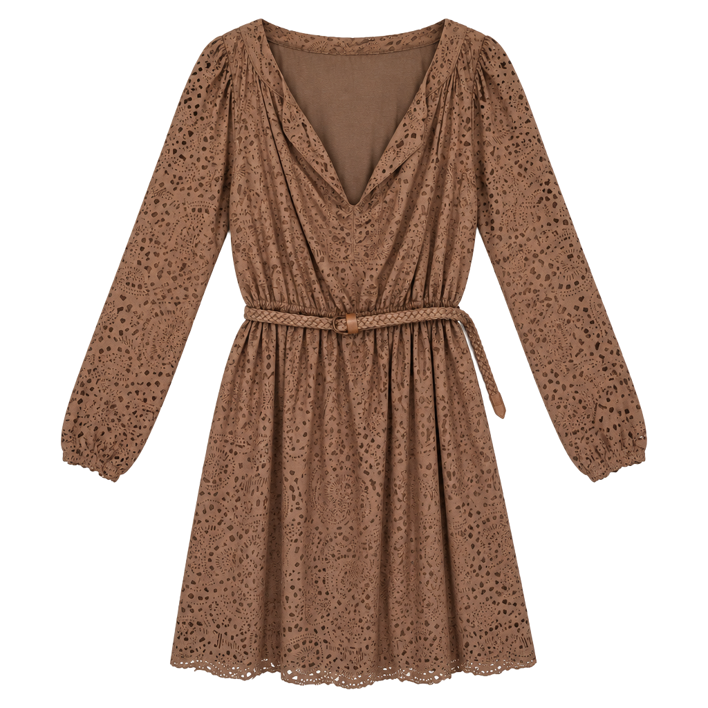 Chelsea & Violet Camel Faux Leather Laser Cutout Mini Dress with Braided Belt, M 1
