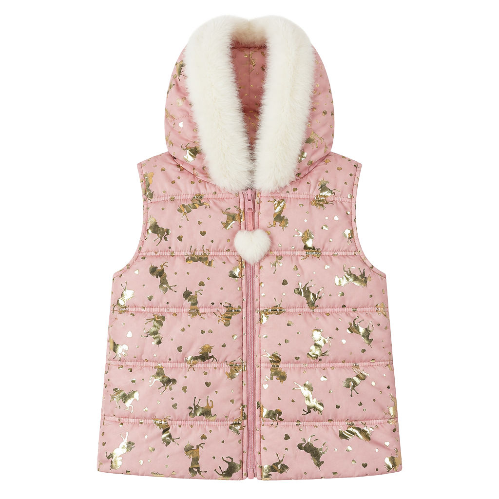Whimsy Isaac Mizrahi Kids Pink Puffer Vest with Gold Foil Unicorns and Faux Fur Hood, 7/8 1