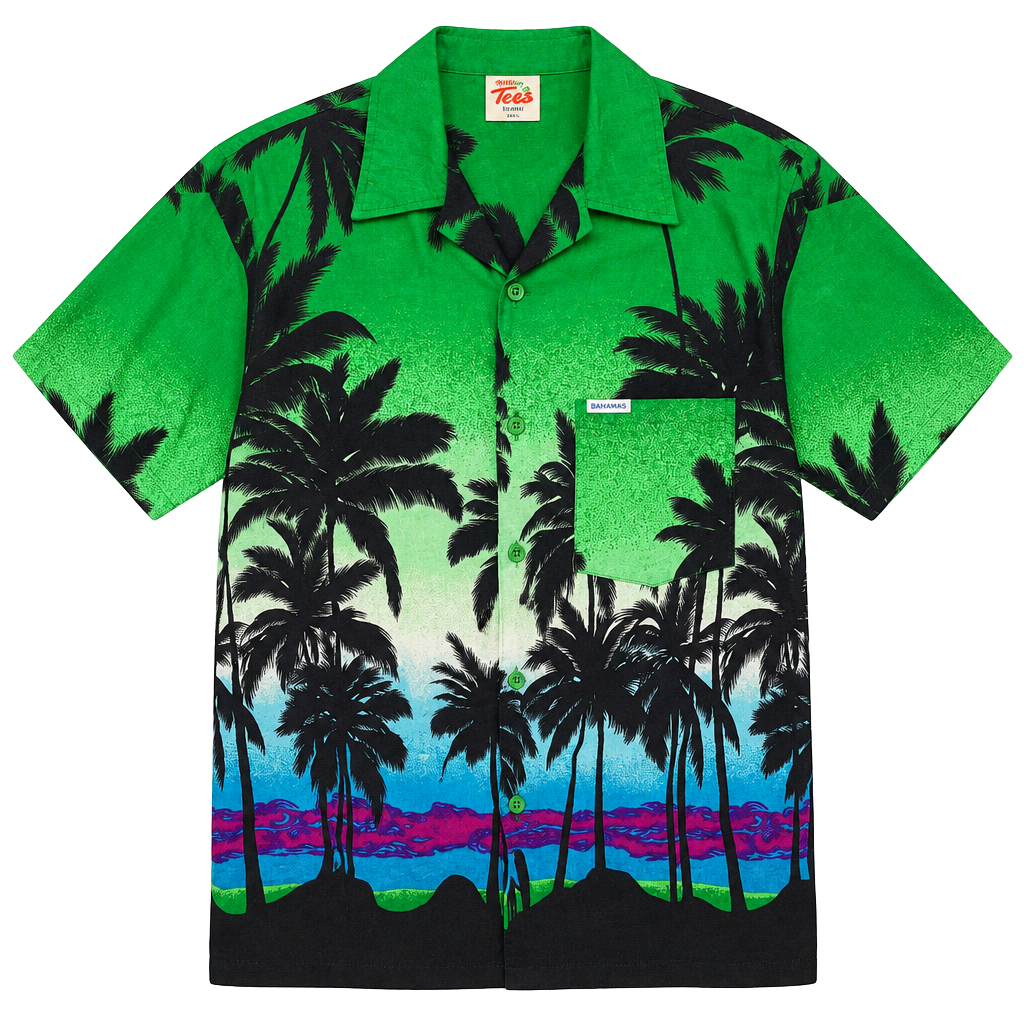 Vintage Dorsett Tee's Bahamas Green Palm Tree All Over Print Hawaiian Beachware Shirt Size XL 1
