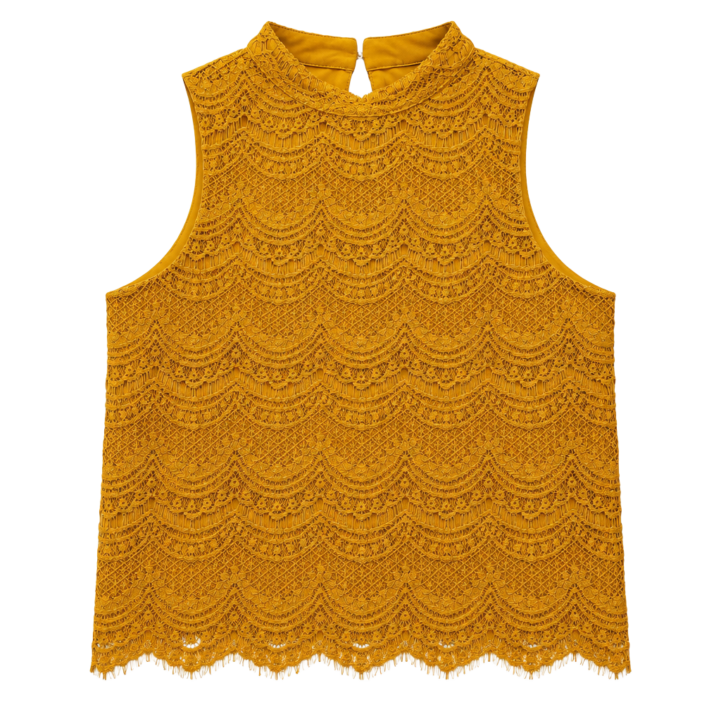 Haute Monde Mustard Yellow Sleeveless High Neck Lace Top, L 1