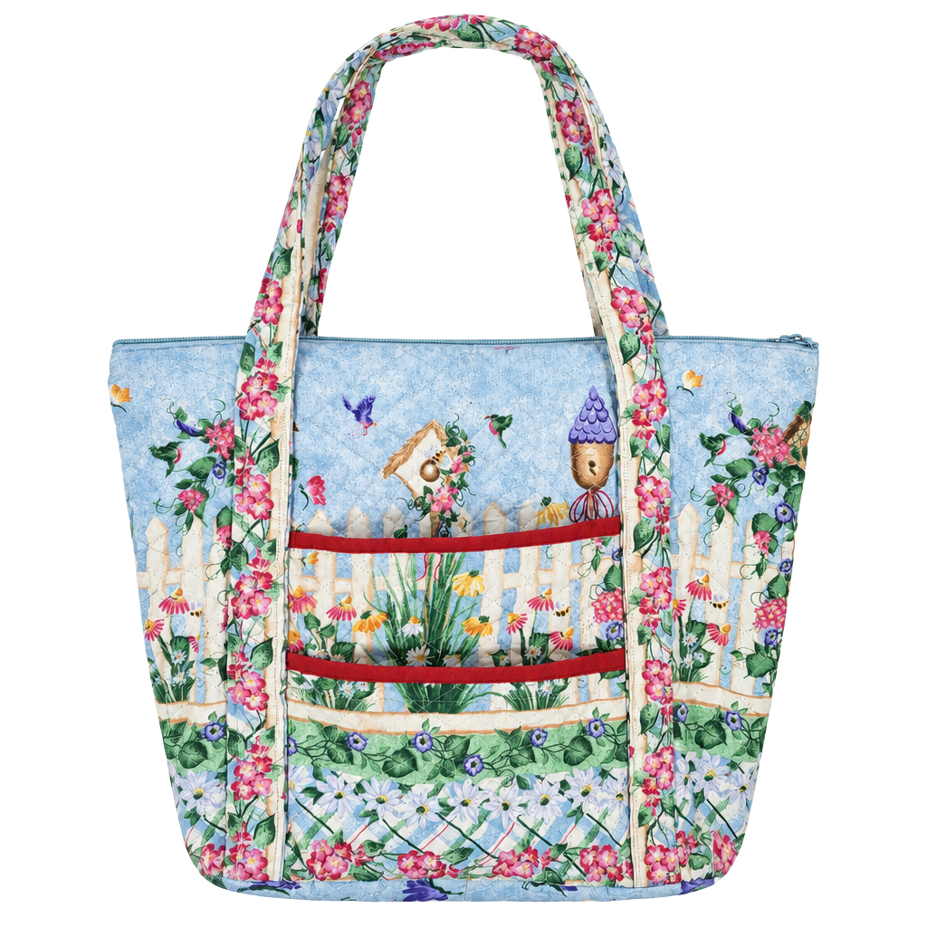 Andover Fabrics Quilted Floral Tote Bag Blue Garden Birdhouse 1
