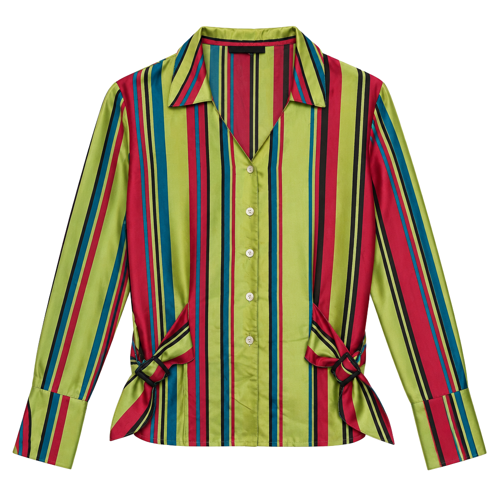 Vintage Bonnie Howard Striped Satin Button Down Blouse with Side Buckle Detail Size 14 1