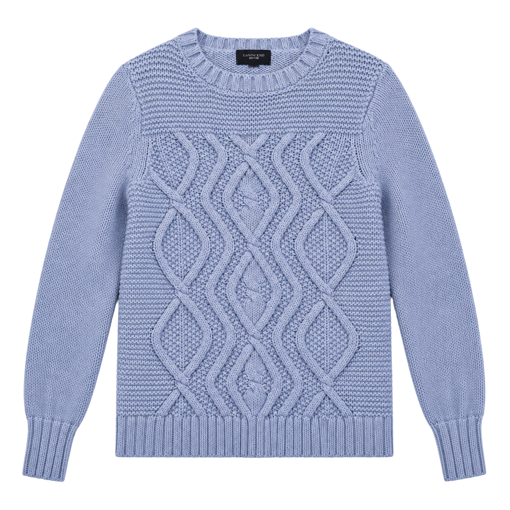 Lands' End Drifter Blue Cotton Heritage Diamond Cable Knit Crewneck Grandma Sweater y2k, size medium tall 1