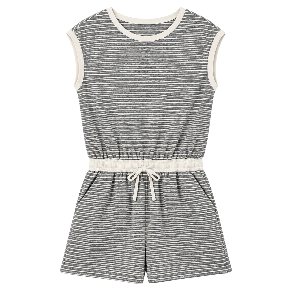 Dokotoo Striped Romper Size L Gray White Cap Sleeve Drawstring Waist Casual 1