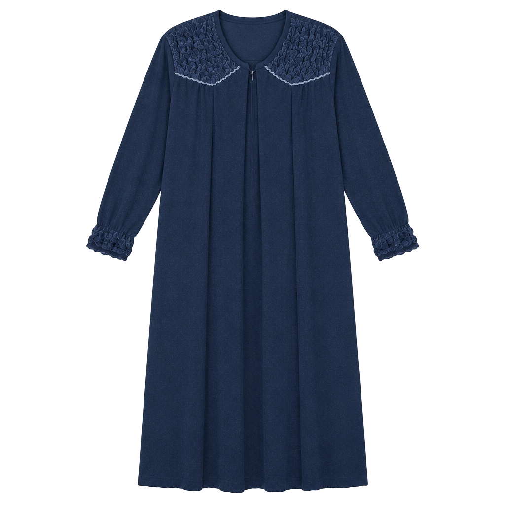 Vintage Delicates Navy Blue Velour Smocked Zip-Front Long Robe Housecoat, Size M 1