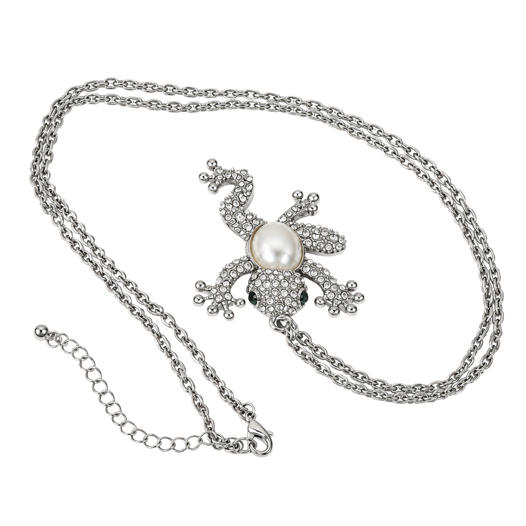 Silver Tone Rhinestone Frog Pendant Necklace with Faux Pearl Accent 1