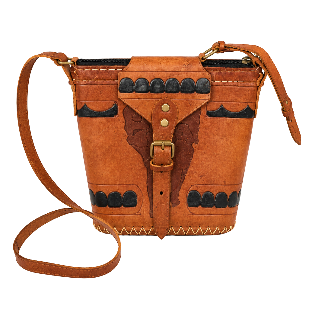 Vintage Hand-Tooled Leather African Elephant Crossbody Bucket Bag 1