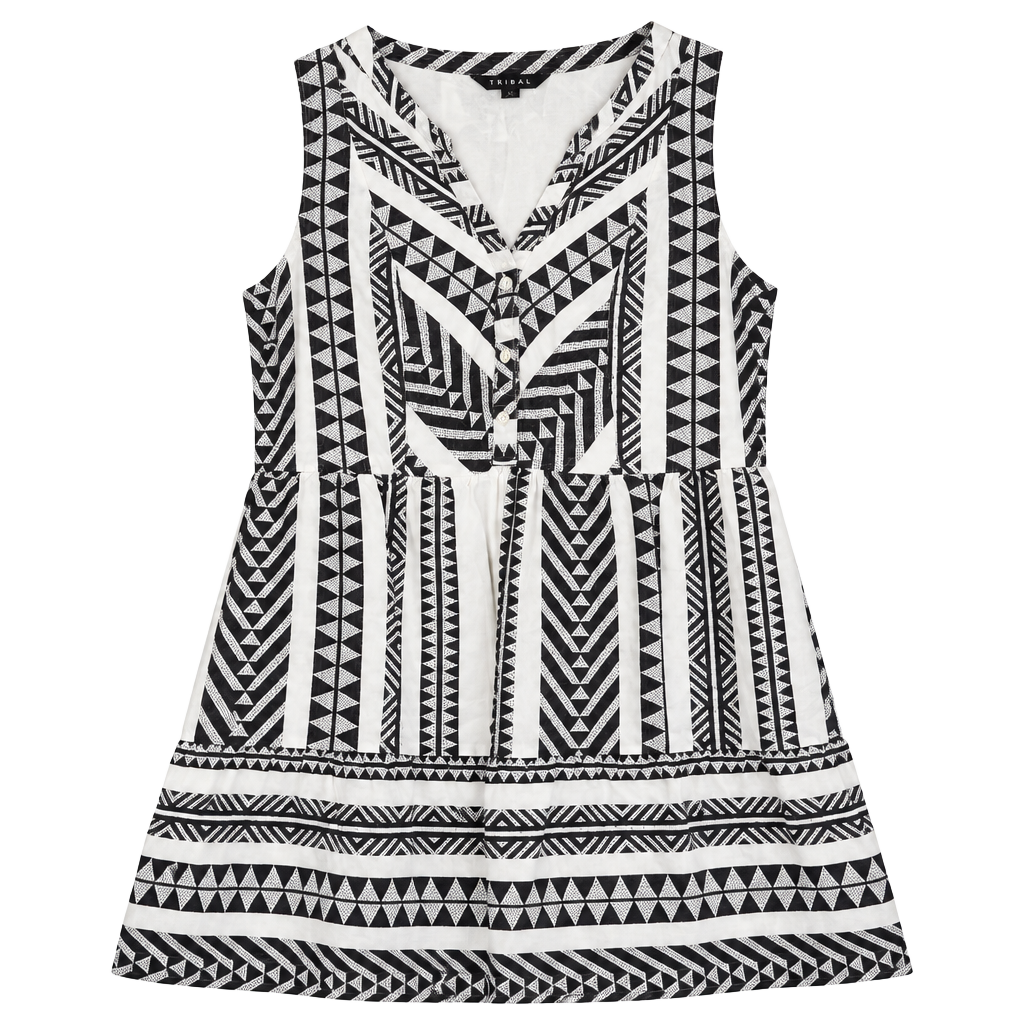 Tribal Western Geometric Geo-Print Sleeveless Tiered Mini Dress, M 1