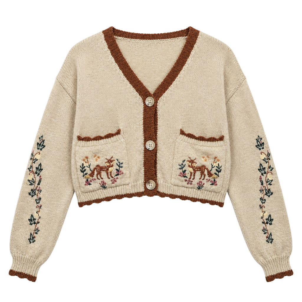 ROMWE Fairycore Fox and Flower Embroidery Cropped Cardigan Sweater, size L 1