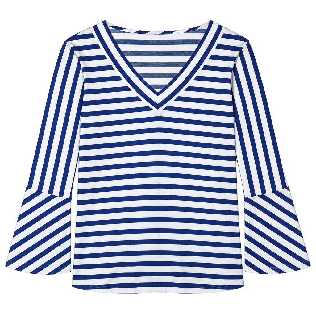 Jules & Leopold Blouse Size M Blue White Striped V-Neck Bell Sleeve Top 1