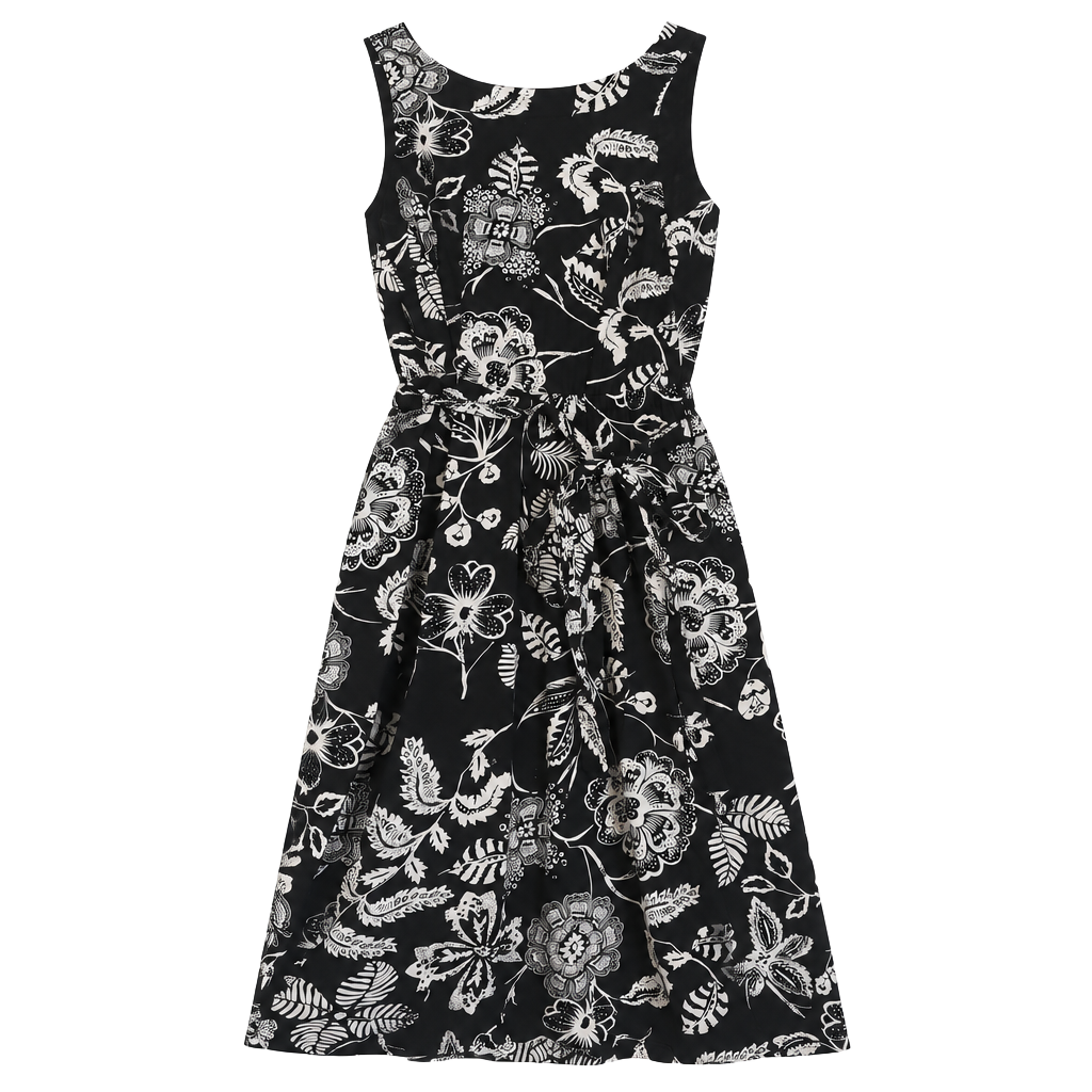 Tahari Arthur S. Levine Black and White Floral Sleeveless Sateen Belted Midi Dress, 8 1